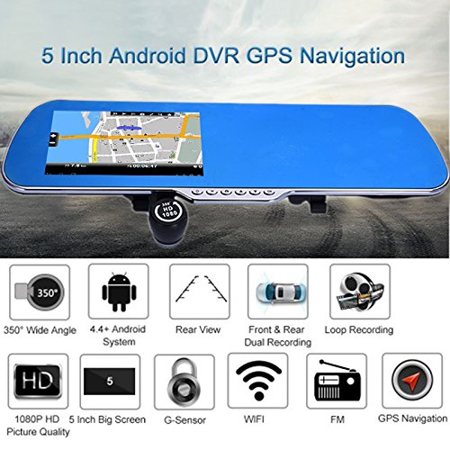 5 Inch Dual Lens Dash Full HD 1080P Car DVR Driving Recorder With Front and Rear Dual Lens Parking Mode G Sensor Support GPS Navigation / Rear view / Wireless WIFI / FM Transmitting For Android System