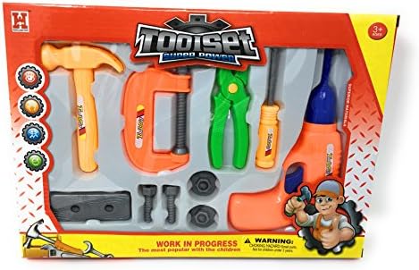 Kool Kidz Toy Tool Set with play tools includes plastic drill, toy hammer, and pretend tools for toddlers