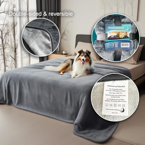Bedding Aid Waterproof Throw Blanket – Leakproof, Spill-Proof Flannel Blanket for Bed, Couch, Kids & Pets Protection, Reversible Water-Proof Design (Moon Grey & Starlit Grey, 40x60”)