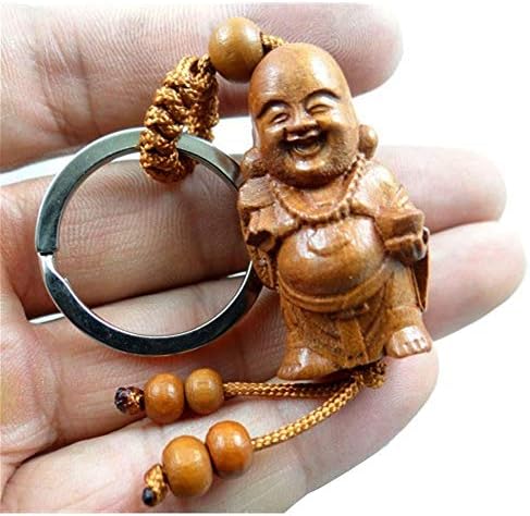 Fox Maitreya Buddha Keychains、天然マホガニー笑う仏ペンダント、レトロなラッキーキーリング男性と女性、1ピース