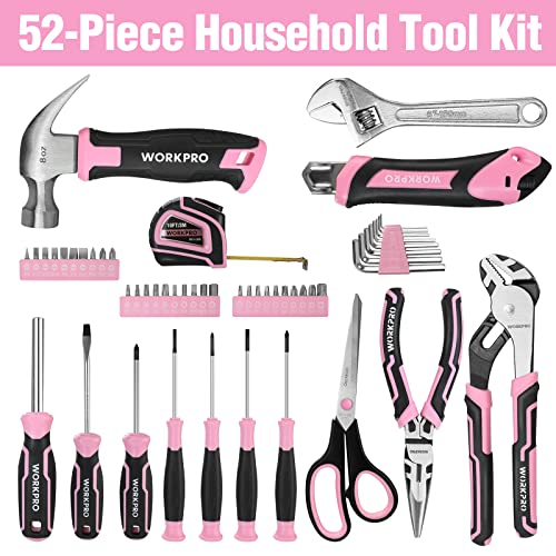 WORKPRO 52-Piece Pink Tools Set for Women, Household Lady Tool Kit with Storage Toolbox, Basic Tool Set for Home, Garage, Apartment, Dorm, New House, Back to School, and as a Gift