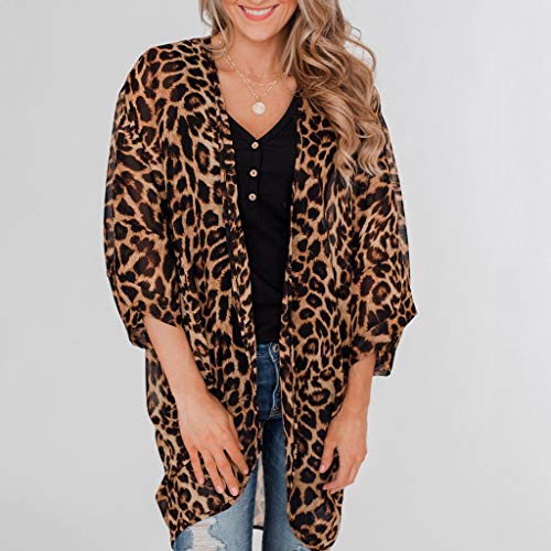 Fainosmny Womens Cardigans Fashion Leopard Tops Sexy Beach Cover Ups Short Sleeve Smocks Casual Long Cardigan Kimono Brown - Thumbnail 6