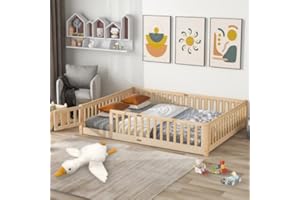 i-POOK Queen Floor Bed for Children, Sturdy Wood Montessori Bed Frame with Wood Slats, High Fence & Small Door, Montessori Floor Bed for Girls and Boys, Natural (with Bed Slats)