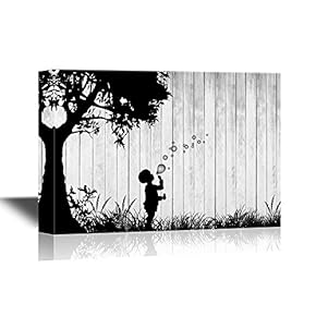 Black and White Canvas Wall Art - Childhood Memory on Wood Style Background | Blowing Bubbles - Gallery Wrap Modern Home Art | Ready to Hang - 12x18 inches