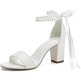 YWXYMGE Block Heel Wedding Shoes for Bride Women Chunky Heeled Sandals Pearl Bridal Shoes