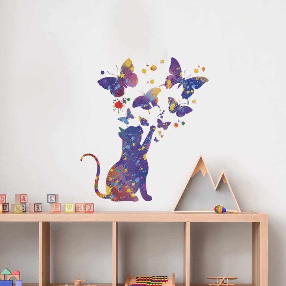 Buer Homie Cat and Butterfly Wall Stickers Wallpaper, Cat Wall Decals for Bedrooms, Girls Wall Decals Stickers for Bedrooms