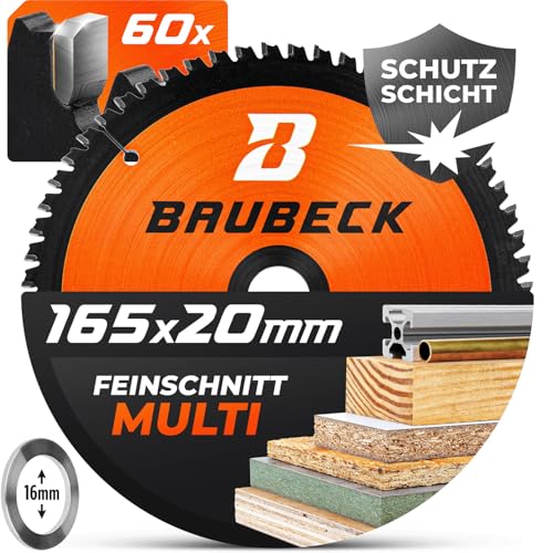BAUBECK Sägeblatt 165x20 inkl. 16mm Reduzierring - Multi Material Feinschnitt - Kreissägeblatt 165x20 für Holz, Aluminium, Metall uvm. - Sägeblatt 165