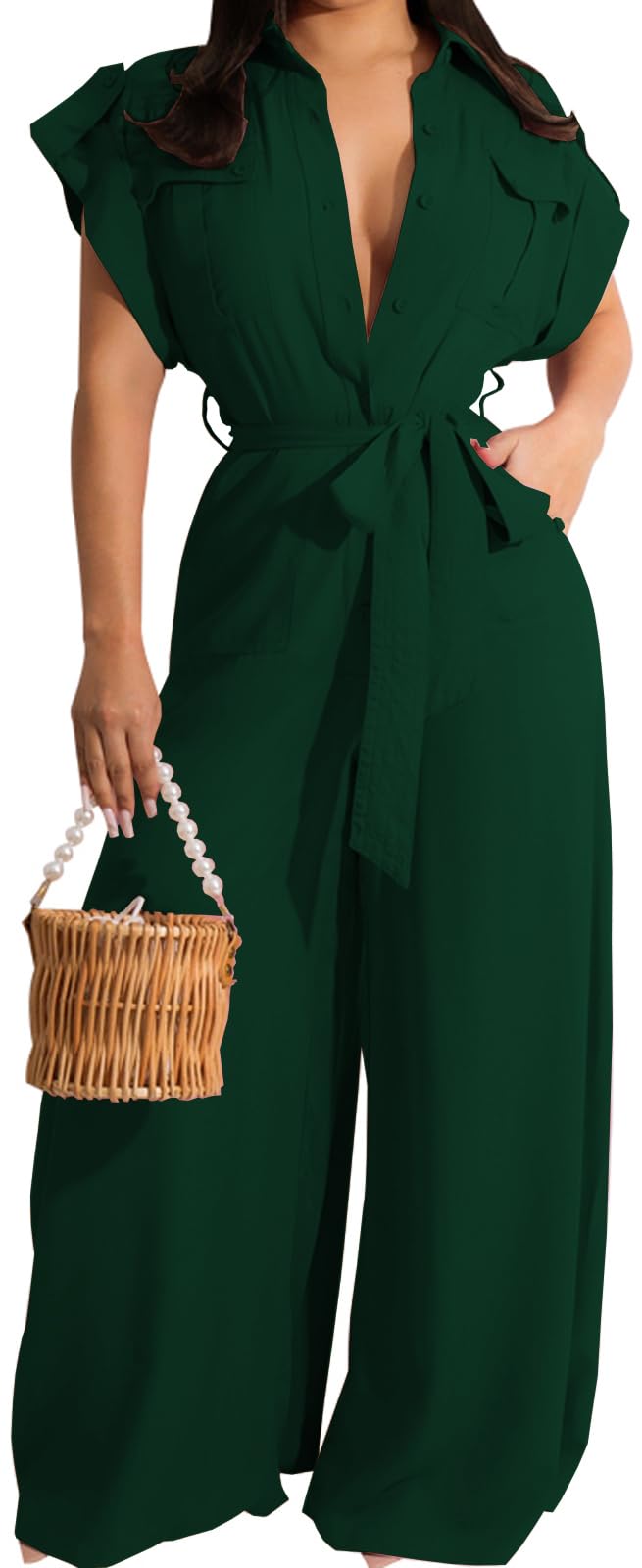 Photo 1 of (used)(damage) Green Sexy Button Down Jumpsuits for Work Dressy Casual Short Sleeve Loose Clubwear Wide Leg Long Pants Romper with Belt Pockets(Green,XLarge)