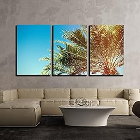 3 Piece Canvas Wall Art - Palm Tree Over Blue Sky - Modern Home Art Stretched and Framed Ready to Hang - 16"x24"x3 Panels