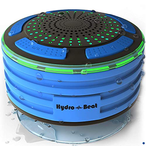 Radios de Douche – Hydro-Beat Illumination. Haut-parleur IPX7 portable entièrement étanche à l’eau avec radio FM intégrée et lumières d’ambiance LED. Rechargeable à l’aide de micro USB. (Bleu et Noir)