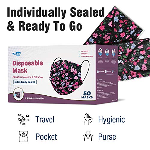 WECARE Disposable Face Mask Individually Wrapped 50 Pack, Floral