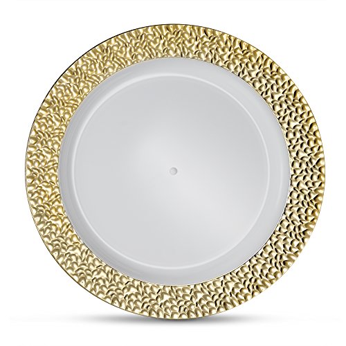 Laura Stein Designer Tableware Premium Heavyweight 10'' Inch White Plate And Hammered Gold Border Plastic Party & Wedding Dinner Plates Glitz Series Disposable Dishes Pack of 10 Plates