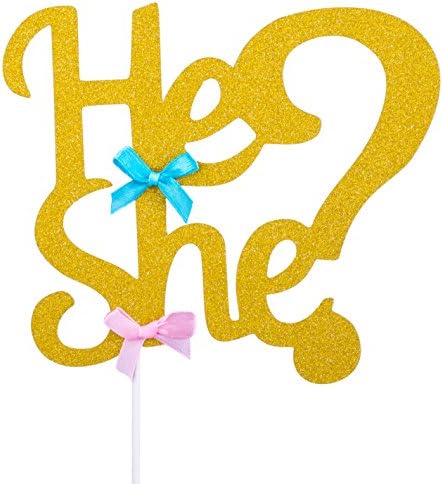 Qyler He or She Cake Topper Decoration with Double Sided Gold Glitter for Gender Reveal Party