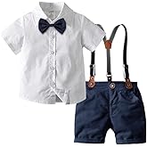 IDOPIP Toddler Kids Baby Boys Formal Suit Gentleman White Shirt with Bowtie + Suspender Shorts Pants Overalls Clothes 1-8T