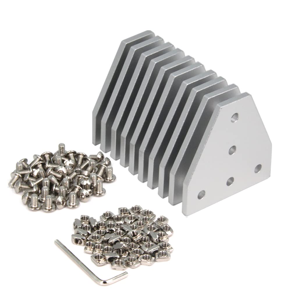 Zeberoxyz 10PCS/Kit Silver T Shape Corner Bracket Plate with 50PCS Screws + 50PCS T-Nuts,5-Hole 90 Degree Joint Board Plate for 2020Series Aluminum Profile 3D Printer Frame (10PCS Silver-T with Nut)