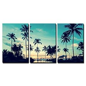 3 Piece Canvas Wall Art - Soft Twilight of The Amazing Tropical Marine Beach. - Modern Home Art Stretched and Framed Ready to Hang - 16"x24"x3 Panels