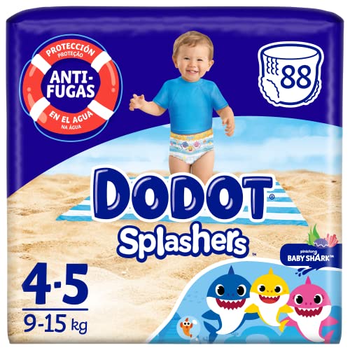 Splashers Baby Shark Talla 4, 88 Pañales Bebé Bañadores Desechables, 9kg - 15kg, Protección Anti-fugas En El Agua