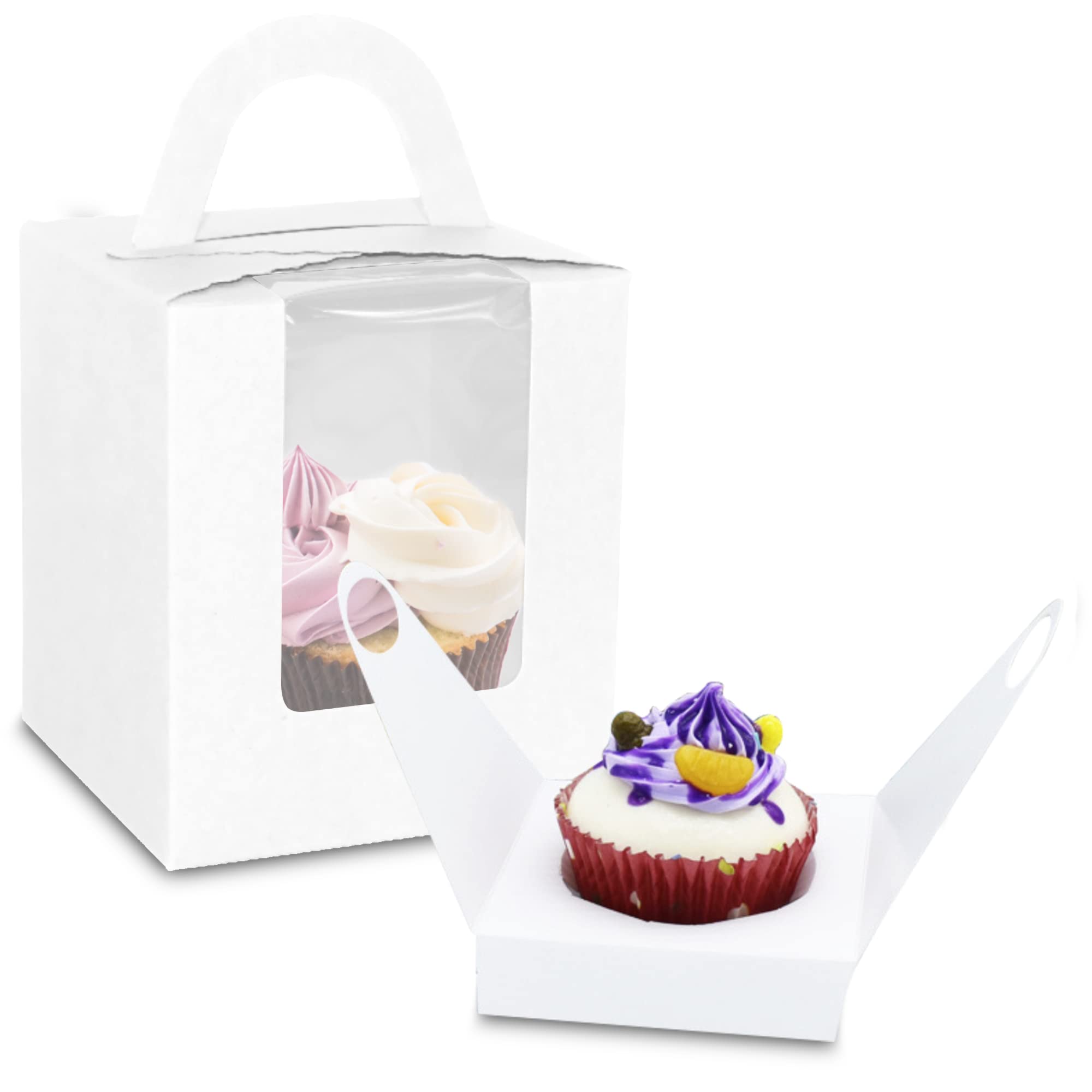 50PCS Individual Cupcake Boxes with Handle, Single Cupcake Box with Window and Insert, Perfect for Birthday Parties, Christmas, Wedding, Cake Shop (White)