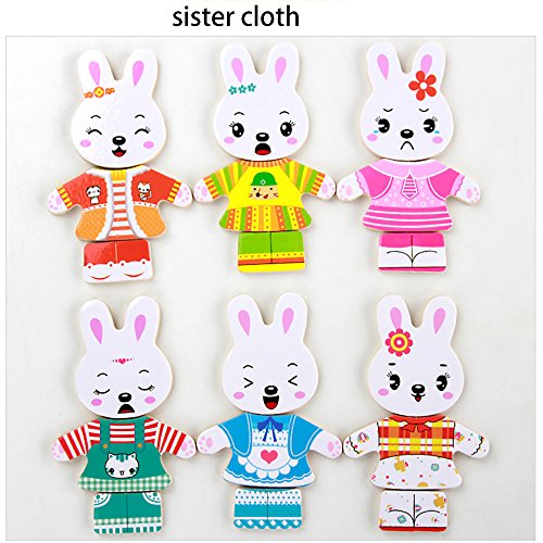 callm Educational Toy,Cartoon 4 Rabbit Bear Dress Changing Jigsaw Puzzle Wooden Toy (B)