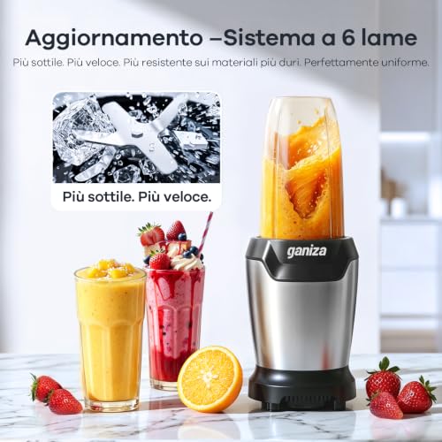 Ganiza Blender 1300W with 3 Portable Cups (2 x 1100ml & 1 x 660ml) Six Stainless Steel Blades, BPA Free, Easy to Clean, Electric Blender for Milkshake and Ice Crusher