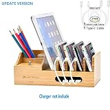 Charging Station Cable Organizer WJZXTEK Bamboo Charging Dock Station Multi Device Desktop Cellphone Stand Phone Holder for iPhone 11 Pro Max Samsung iPad, Compatible with The 4/5/6 Port USB Charger