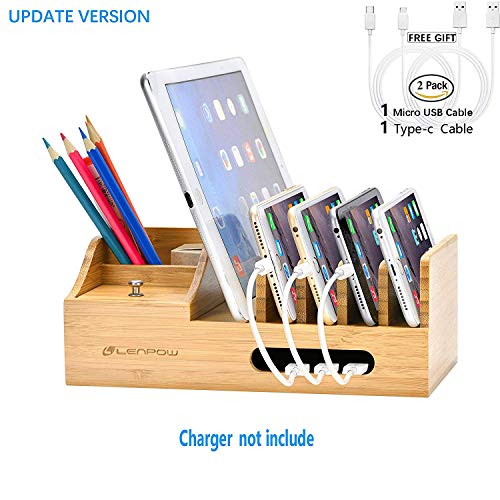 Charging Station Cable Organizer WJZXTEK Bamboo Charging Dock Station Multi Device Desktop Cellphone Stand Phone Holder for iPhone 11 Pro Max Samsung iPad, Compatible with The 4/5/6 Port USB Charger