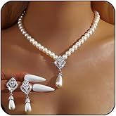 Meztole Pearl Necklace and Earring Set for Women,Pearl Jewelry Set Fake Pearls Necklace Imitation Beaded Collar de Perlas Para Mujer Necklaces for Prom Bridesmaid Costume Accessories
