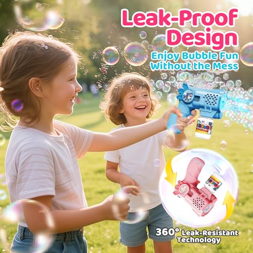 Tecnock 3 Pack Automatic Bubble Guns for Kids, 12 AA Batteries Included, 3 Solution Bottles and 5 Refills, Lightweight, Leak-Proof, Birthday and Party Gift