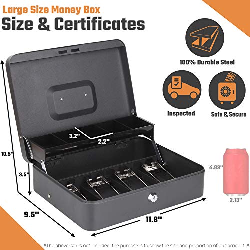 Cash Box with Money Tray and Lock - Safe Money Box Bundle Includes 100 Coin Wrappers - Secure Locking Cash Lock Box for Bills, Coins and Checks, Made by Budgetizer