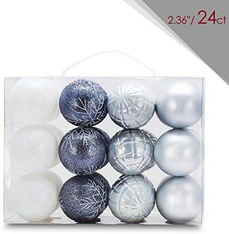 Zolee 2.36” Set of 24ct Christmas Balls Shatterproof Painting tree Ornaments with portable gift box (Silver &amp; White)