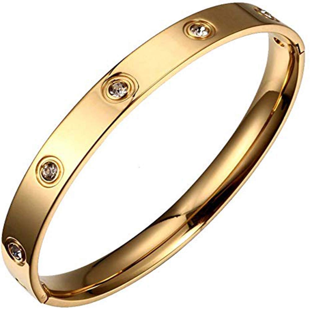 Forleiton Men Women's Oval Pave Crystal CZ Cuff Stainless Steel Bangle Bracelet Jewelry 7.5'' (Gold-Perimeter 7.5inches)