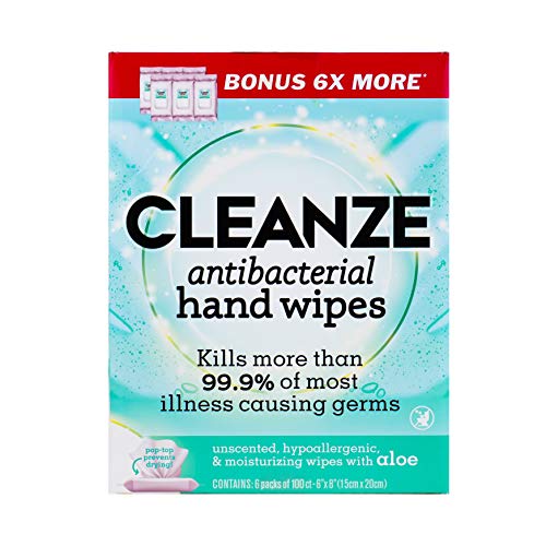 CLEANZE ANTIBACTERIAL HAND SANITIZING WIPES | HAND WIPE PACKETS, 6 PACKS – 100 CT HAND WIPES, UNSCENTED DISINFECTING TRAVEL HAND SANITIZER WIPES WITH ALOE | KILL 99.9% OF GERMS