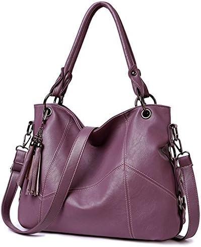Lustear Soft Leather Handbag Hobo Style Purse Tote Shoulder Bag with Tassel For Women (Purple)
