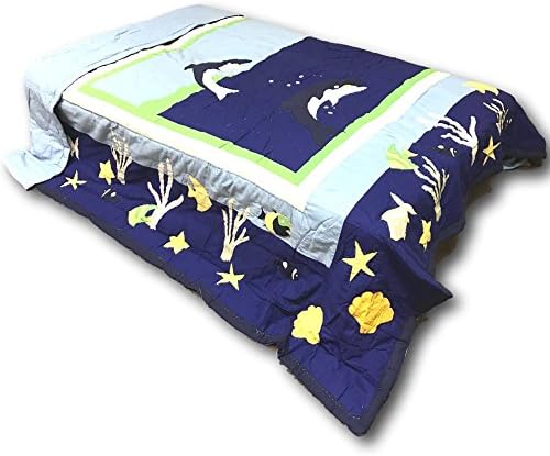 Boys Cotton Bedspread Comforter Shame Set Blue Quilt Fish Porpoise Dolphin Twin 86 by 86