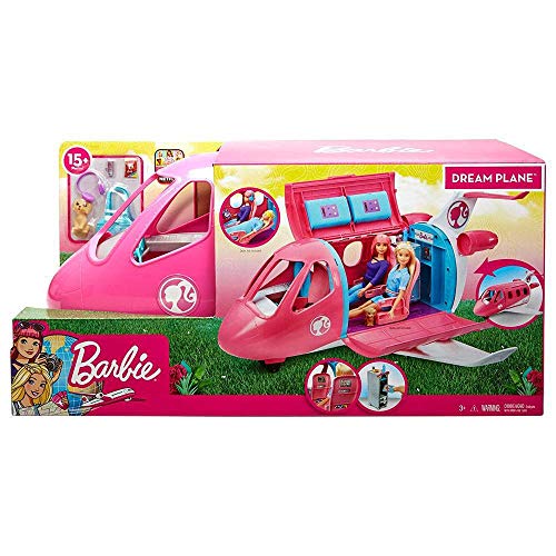 barbie dreamplane transforming playset with reclining seats and working overhead compartments, plus 15+ pieces including a puppy and a snack cart, for kids 3 years old and up