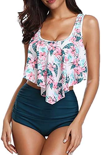 Deloito Women High Waisted Halter Swimsuit Swimwear Ruffled Bikini Set Two Piece Bathing Suit Floral Swimming Costume S-XXXL