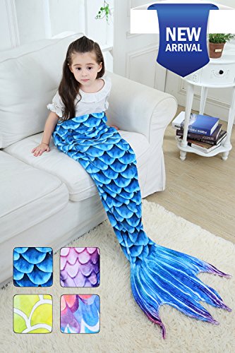 Mermaid Tail Blanket for Kids Adults Girls Women Coral Fleece Sleeping Bag Summer Air Condition Sofa Bed Towel Comforter for Indoor Home Winter Keep Warm Gifts Birthday Christmas (A-kids Blue fish)