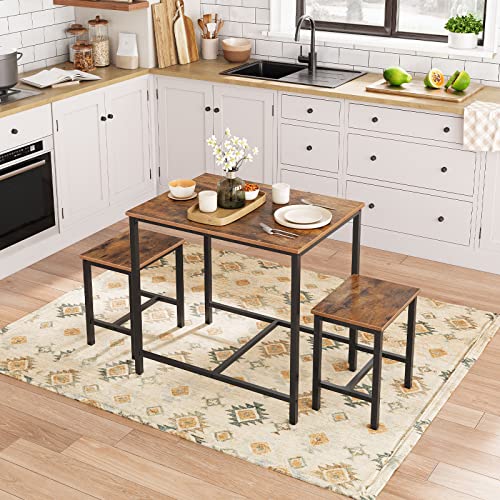 HOOBRO 3-Piece Bar Table Set, 80cm Rectangular Counter Height Pub Table with 2 Stools, Rusitc Brown Small Dining Table with Black Metal Frame, ‌Space-saving Kitchen Breakfast Table Set for Dining Room