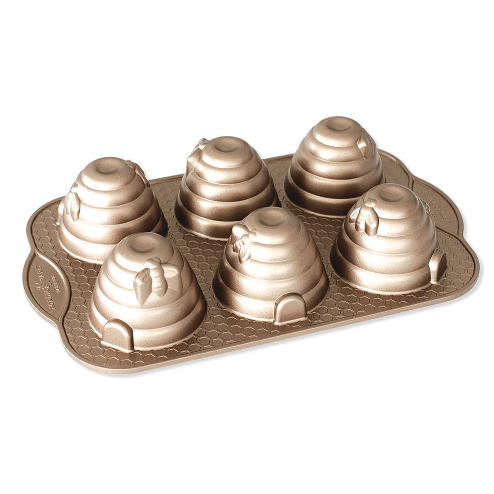 Nordic Ware 90777 Cakelet Cast Aluminium Tin, Makes 6 Mini Beehive Design, High-Quality Cake Mould Made in The USA, Colour: Gold