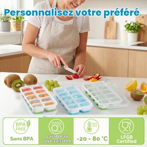 Silicone Ice Cube Trays with Lid, 4 Pieces Small Ice Cube Mould | Flexible and easy to remove, LFGB certified, BPA free and food grade, stackable ice cube tray