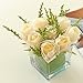 MyGift Artificial Ivory Roses in Square Glass Vase, Faux Flower Arrangements