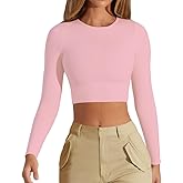 CUHUDA Women's Sexy Crew Neck Crop Top Long Sleeve Basic Fitted Tight Cropped T Shirts