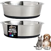 GORILLA GRIP Stainless Steel Metal Dog Bowl Set of 2, Rubber Base, Heavy Duty, Rust Resistant, Food Grade BPA Free, Less Slid