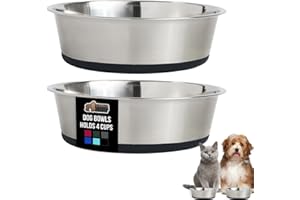 GORILLA GRIP Dog Bowls, Holds 4 Cups Each (32 fl oz), Heavy Duty Stainless Steel Food and Water Bowl for Feeding Dogs and Cats, Dishwasher Safe, Rust Resistant, BPA Free Rubber Base, Set of 2 Black