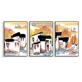 Framed Canvas Wall Art for Living Room, Bedroom Village Original Life Canvas Prints for Home Decoration Ready to Hanging - 16"x24"x3 Panels