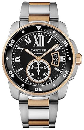 Cartier Calibre Black Dial Steel and Rose Gold Mens Watch W7100054.