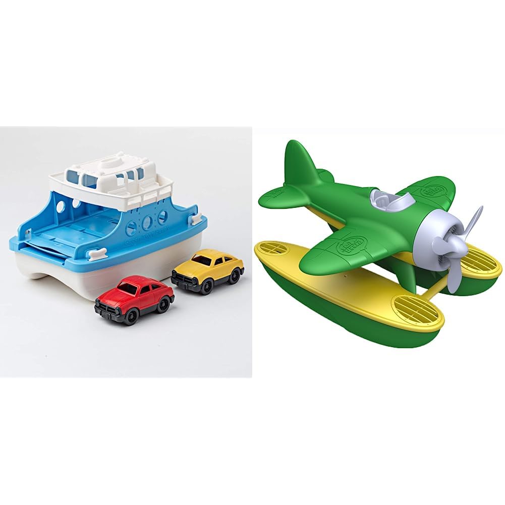 Green Toys Ferry Boat with Mini Cars Bathtub Toy, Blue/White & Seaplane, Green