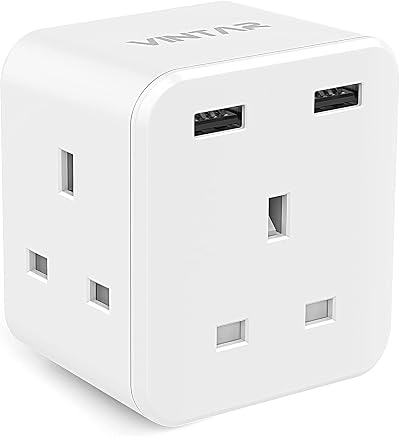 VINTAR 5 in 1 UK Plug Adaptor with 2 USB Ports, 3 Way Extension Socket UK