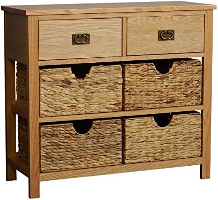 PANANASTORE Oak Wood Sideboards (H75cmxW85xD32cm), Shabby Chic Storage Cabinet with 2 Drawers 4 Wicker Baskets Vintage Cupboard Organizer Unit for Hall Bedroom Kitchen Living Room