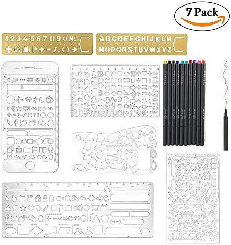 NABLUE 7 in 1 Stainless Steel Multifunctional Drawing Ruler Painting Stencils Scale Template Set With Fineliner Color Pen Set,Graphics Stencils for Scrapbooking, Card and Craft Projects